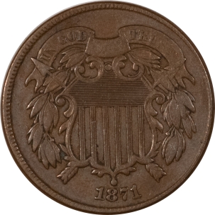 U.S. Uncertified Coins 1871 TWO CENT PIECE, PLEASING HIGH GRADE CIRCULATED EXAMPLE, TOUGH DATE!