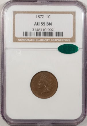 New Store Items 1872 INDIAN CENT – NGC AU-55 BN, CAC APPROVED!