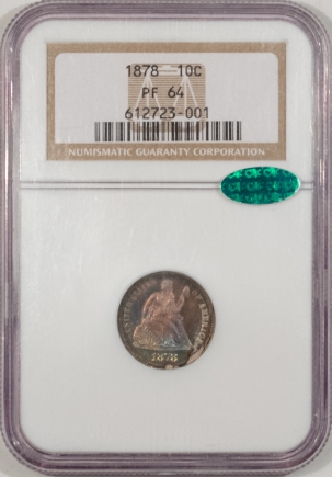 CAC Approved Coins 1878 PROOF SEATED LIBERTY DIME – NGC PF-64, GORGEOUS COLOR, PQ+ & CAC APPROVED!
