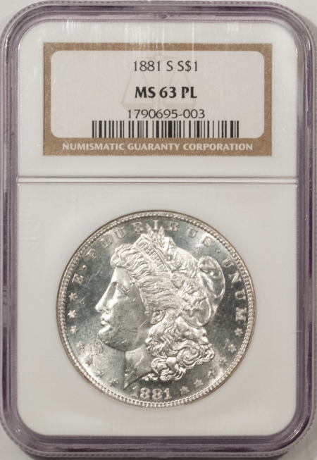 Morgan Dollars 1881-S MORGAN DOLLAR – NGC MS-63 PL, PROOFLIKE, GREAT MIRRORS!