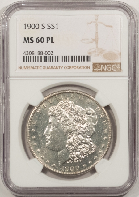 New Store Items 1900-S MORGAN DOLLAR NGC MS-60 PL, PROOFLIKE, WHITE W/ MIRROROED FIELDS, SCARCE!