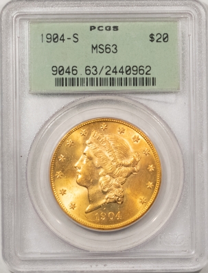 $20 1904-S $20 LIBERTY GOLD DOUBLE EAGLE PCGS MS-63, OGH, LUSTROUS & PQ!