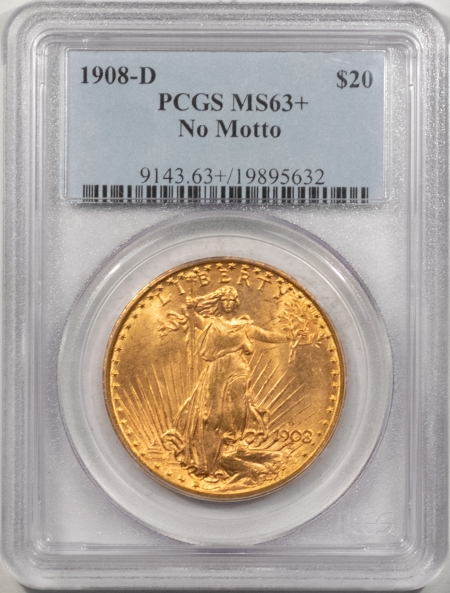 New Store Items 1908-D $20 ST GAUDENS GOLD, NO MOTTO – PCGS MS-63+