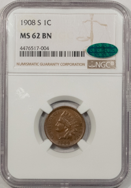 CAC Approved Coins 1908-S INDIAN CENT NGC MS-62 BN CAC, PREMIUM QUALITY! KEY-DATE!