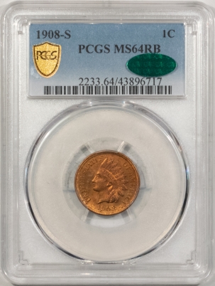 CAC Approved Coins 1908-S INDIAN CENT – PCGS MS-64 RB, PREMIUM QUALITY, LOOKS GEM & CAC APPROVED!