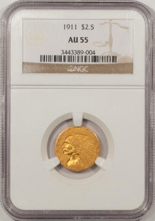 $2.50 1911 $2.50 INDIAN GOLD NGC AU-55, ORIGINAL