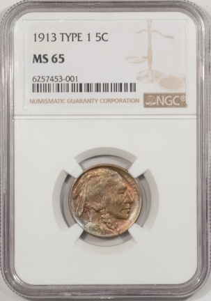 Buffalo Nickels 1913 TY I BUFFALO NICKEL – NGC MS-65, STUNNING COLOR, PREMIUM QUALITY++!