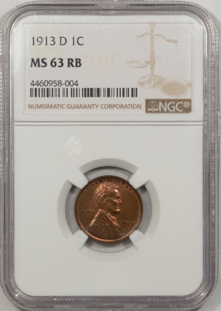 Lincoln Cents (Wheat) 1913-D LINCOLN CENT NGC MS-63 RB, PQ! LOOKS BETTER!