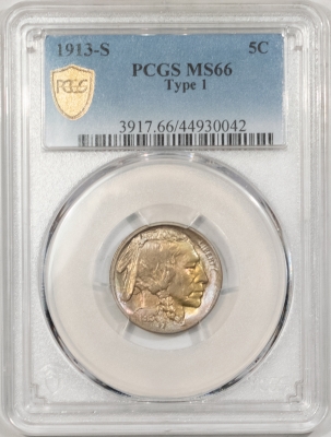 Buffalo Nickels 1913-S BUFFALO NICKEL, TY I – PCGS MS-66, PRETTY!