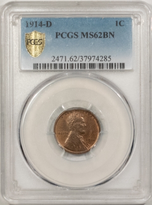 Lincoln Cents (Wheat) 1914-D LINCOLN CENT – PCGS MS-62 BN, PLEASING & LOOKS RB! KEY-DATE