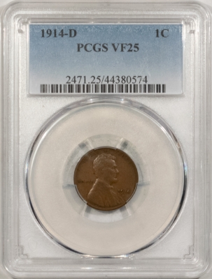 Lincoln Cents (Wheat) 1914-D LINCOLN CENT – PCGS VF-25, NICE CIRCULATED PIECE, KEY-DATE!