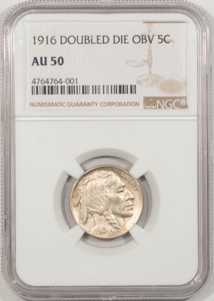 Buffalo Nickels 1916 DOUBLED DIE OBVERSE BUFFALO NICKEL NGC AU-50, FULLY STRUCK, LOOKS 55+, RARE