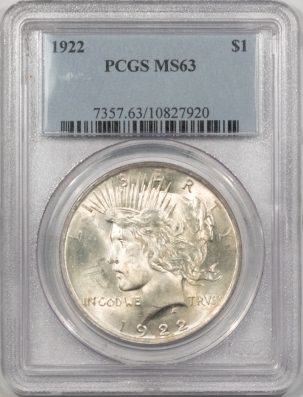 New Certified Coins 1922 PEACE DOLLAR – PCGS MS-63, CHOICE