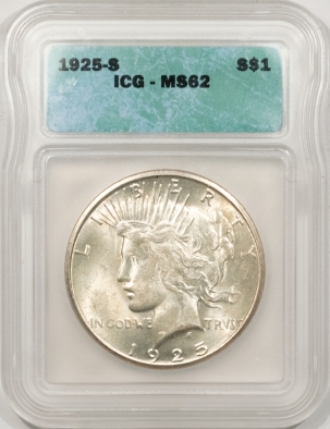 New Certified Coins 1925-S PEACE DOLLAR – ICG MS-62, FLASHY UNCIRCULATED