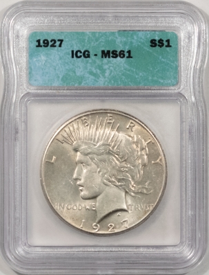 New Certified Coins 1927 PEACE DOLLAR – ICG MS-61, SATINY PLEASING!