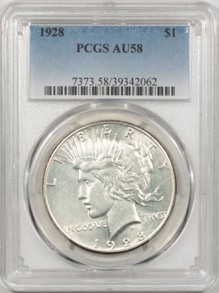 New Store Items 1928 PEACE DOLLAR PCGS AU-58, WHITE & WELL STRUCK, KEY-DATE!