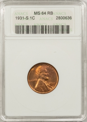 Lincoln Cents (Wheat) 1931-S LINCOLN CENT – ANACS MS-64 RB, LOOKS FULL RED, PREMIUM QUALITY!