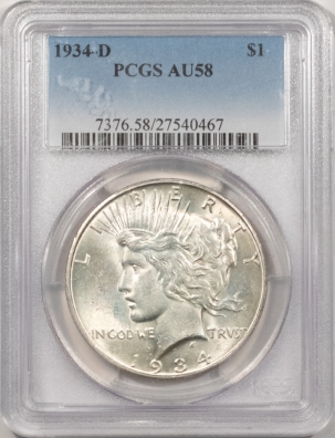 New Certified Coins 1934-D PEACE DOLLAR – PCGS AU-58, LOOKS UNCIRCULATED