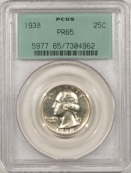 New Certified Coins 1938 PROOF WASHINGTON QUARTER – PCGS PR-65, OLD GREEN HOLDER & PREMIUM QUALITY!