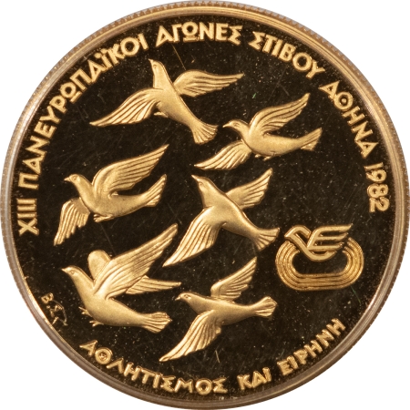 New Store Items 1982 GREECE 5000 DRACHMAI GOLD KM-144 PAN-EURO GAMES, BIRDS, GEM PROOF .3617 AGW