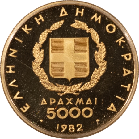 New Store Items 1982 GREECE 5000 DRACHMAI GOLD KM-144 PAN-EURO GAMES, BIRDS, GEM PROOF .3617 AGW