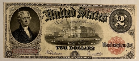 Large U.S. Notes 1917 $2 LEGAL TENDER (U.S. NOTE), F-60, SPEELMAN-WHITE, SMALL FAULTS, LOOKS VF