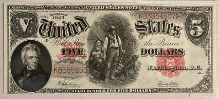 Large U.S. Notes 1907 $5 LEGAL TENDER “WOODCHOPPER”, FR-91, SPEELMAN-WHITE, PMG CHOICE AU-58 EPQ