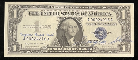 Small Silver Certificates 1957-A $1 SILVER CERTIFICATE, FR-1620, GEM CU, COURTESY SIGNATURES, LOW SERIAL #