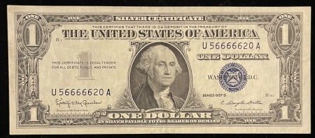 Small Silver Certificates 1957-B $1 SILVER CERTIFICATE, FR-1621, AU, COOL SERIAL #-FROM AN OLD COLLECTION!