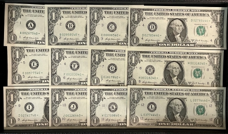 Small Federal Reserve Notes 1969-B $1 FRN, STAR NOTE DISTRICT SET (12), S/N ALL END IN “40”-CH/GEM CU-FRESH!