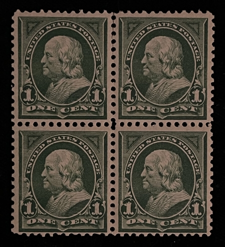 U.S. Stamps SCOTT #298a 1c GREEN BLOCK OF 4, VERTICAL WATERMARK, MOG, 1-LH, 3-NH; CAT $500