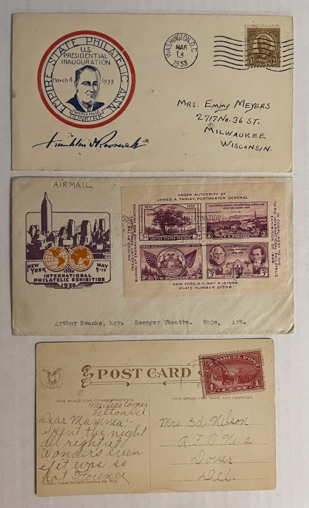 U.S. Stamps NICE TRIO OF UNUSUAL COVERS 1913-1936; FDR INAUGURAL, Q-1 GOOD USAGE & TIPEX FDC