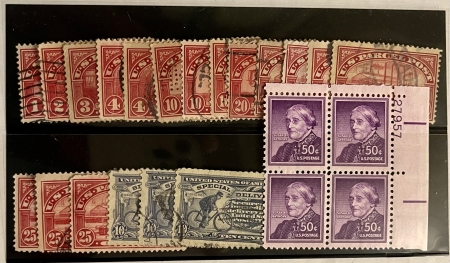 U.S. Stamps LOT OF USED PARCEL POST (16), E-11 SPEC DELIVERY (3), #1051 PLATE BLOCK-CAT $125