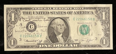 Small Federal Reserve Notes 1974 $1 FEDERAL RESERVE NOTE, FR-1908C, EVA ADAMS SIGNED (MINT DIRECTOR), GEM CU