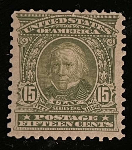 U.S. Stamps SCOTT #309 15c OLIVE-GREEN, MOG-HINGED, BLUNTED PERF, FINE CENTERING-CAT $185