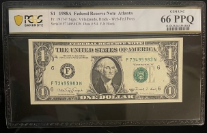 Small Federal Reserve Notes 1988-A WEB PRESS $1 FRN, ATLANTA, FR1917-F, F-N BLOCK, PLATE 5/4-PCGS GEM 66 PPQ