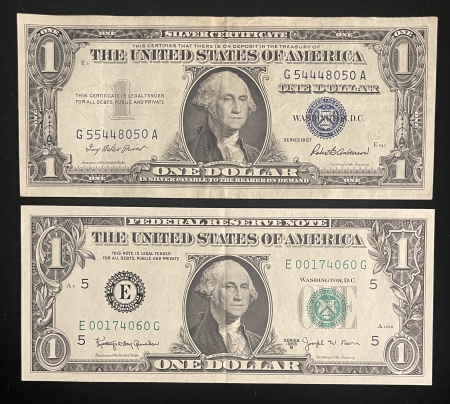 Small Silver Certificates LOT OF 8 COMMON SMALL SIZE $1 SILVER CERT (3), $1 FRN (2), $2 US NOTE (3), XF-CU