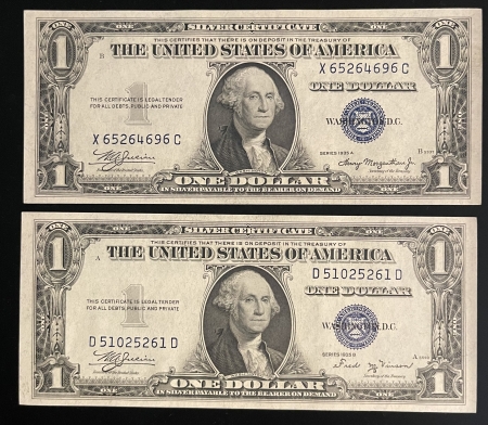 Small Silver Certificates 1935-A & B $1 SILVER CERTIFCATE PAIR, FR-1608/09, FRESH CHOICE/GEM CU