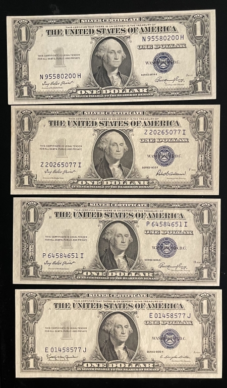 Small Silver Certificates 4 NOTES: 1935-E (2), 1935-F, 1935-H $1 SILVER CERTIFCATES, FR-1614,15 & 18, CU!