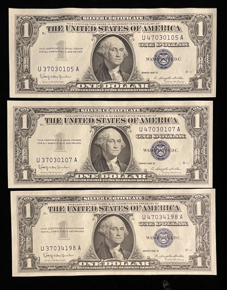 Small Silver Certificates LOT OF 3 1957-B $1 SILVER CERTIFICATES, FR-1621, FRESH GEM CUs!