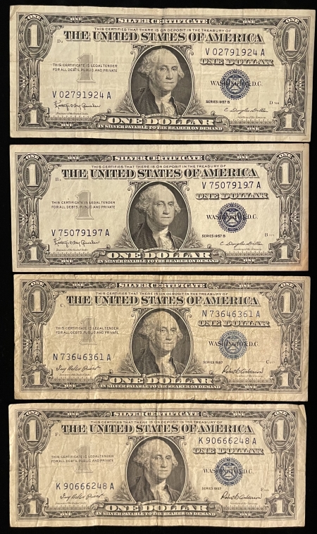 Small Silver Certificates 1957 (2) & 1957-B (2) $1 SILVER CERTIFICATES, FR-1619 & 21, 4 CIRCULATED NOTES