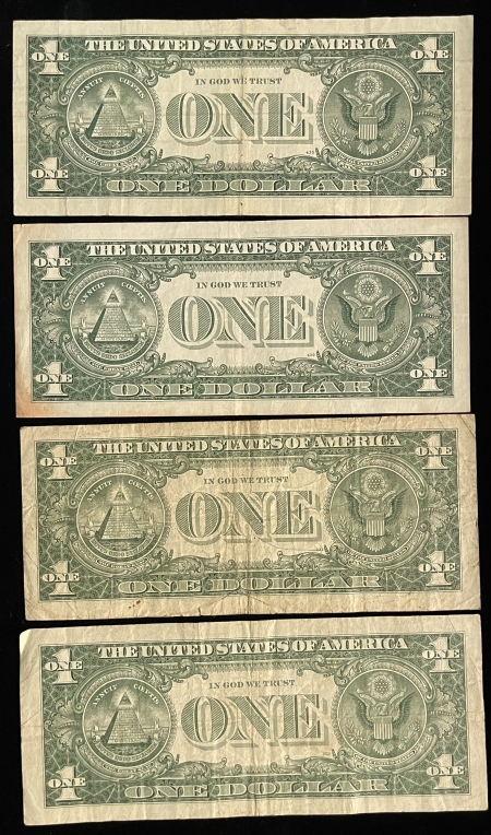 Small Silver Certificates 1957 (2) & 1957-B (2) $1 SILVER CERTIFICATES, FR-1619 & 21, 4 CIRCULATED NOTES