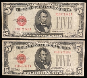 Small U.S. Notes 1928-A & 1928-B $5 UNITED STATES NOTES, FR-1526 & 27, NICE VF/XF