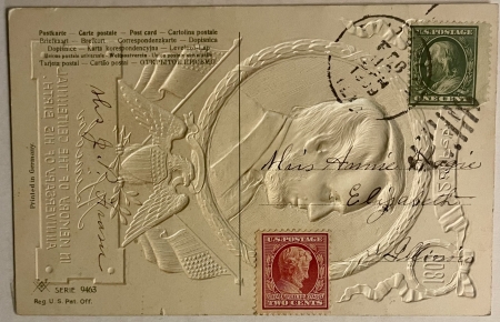 U.S. Stamps SCOTT #369 ON METALLIC EMBOSSED LINCOLN CENTENNIAL POSTCARD, FEB 12, 1909 CANCEL