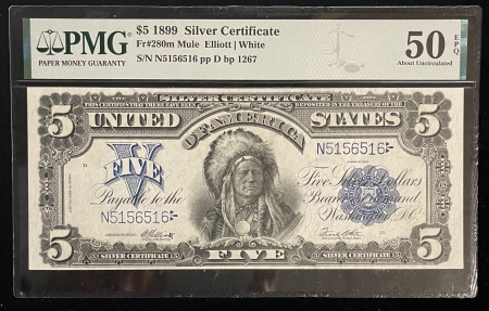 Large Silver Certificates 1899 $5 SILVER CERTIFICATE “CHIEF”, FR-280m MULE, PMG AU-50 EPQ-GORGEOUS & FRESH