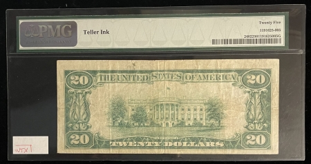 Small Gold Certificates 1928 $20 GOLD CERTIFICATE, FR-2402, VERY FAINT “TELLER INK” NOTED, PMG VF-25