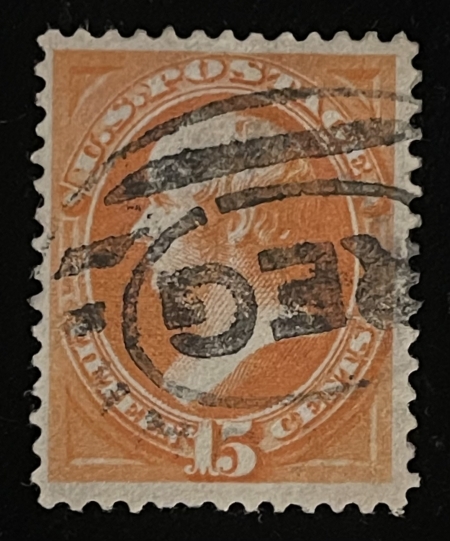 U.S. Stamps SCOTT #163 15c REDDISH-ORANGE, SECRET MARK, USED & VF w/ TRACES OF OG-CAT $150