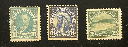U.S. Stamps SCOTT #563, 565, 658-11c, 14c, 25c, PERF 11, 1922-25 DEFINITIVES, MOG-NH-CAT $37