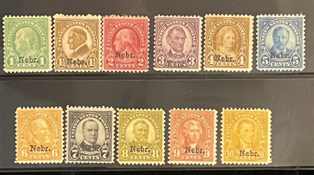 U.S. Stamps SCOTT #669-679 1c-10c SET, NEBRASKA OVERPRINT, MOG-HINGED, GUM CREASES-CAT $265+