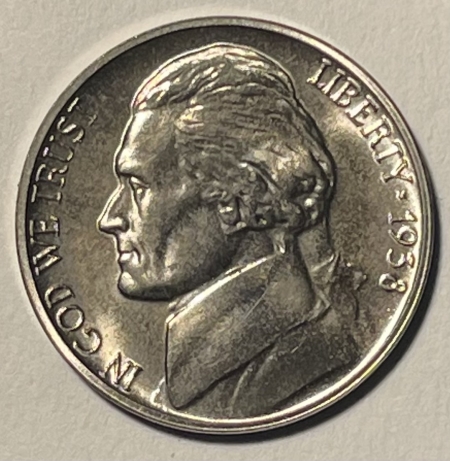 U.S. Uncertified Coins 1938 JEFFERSON 5c, CHOICE PROOF, FRESH & LUSTROUS